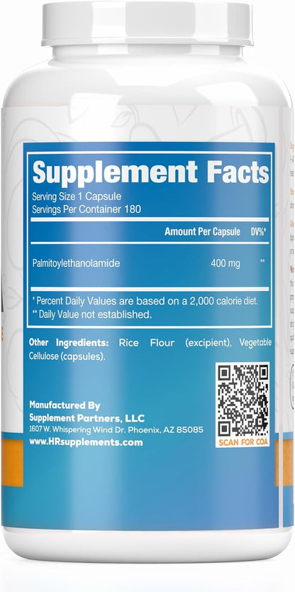 Harvest Naturals Palmitoylethanolamide (PEA) Capsules – 400mg per Serving, 180 Capsules
