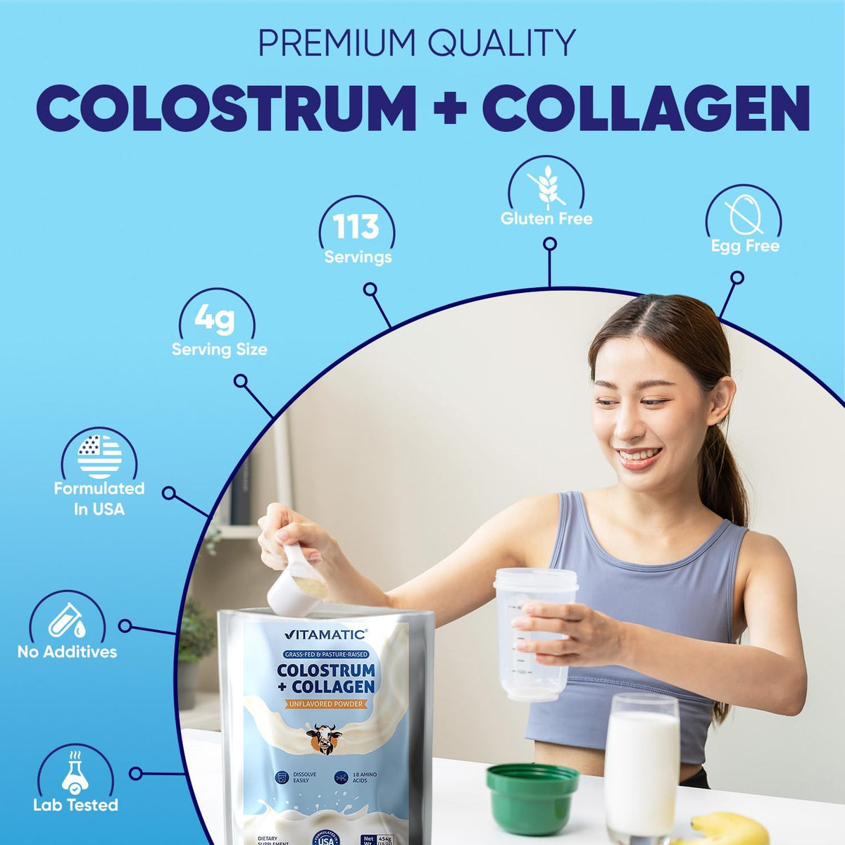 Vitamatic Bovine Colostrum + Collagen Powder - Grass-Fed, Hydrolysed, Unflavoured - 454 g – Image 4