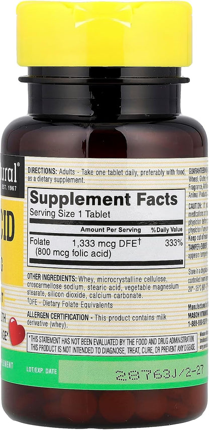 Mason Natural Folic Acid Tablets, 800 mcg, 100 Tablets
