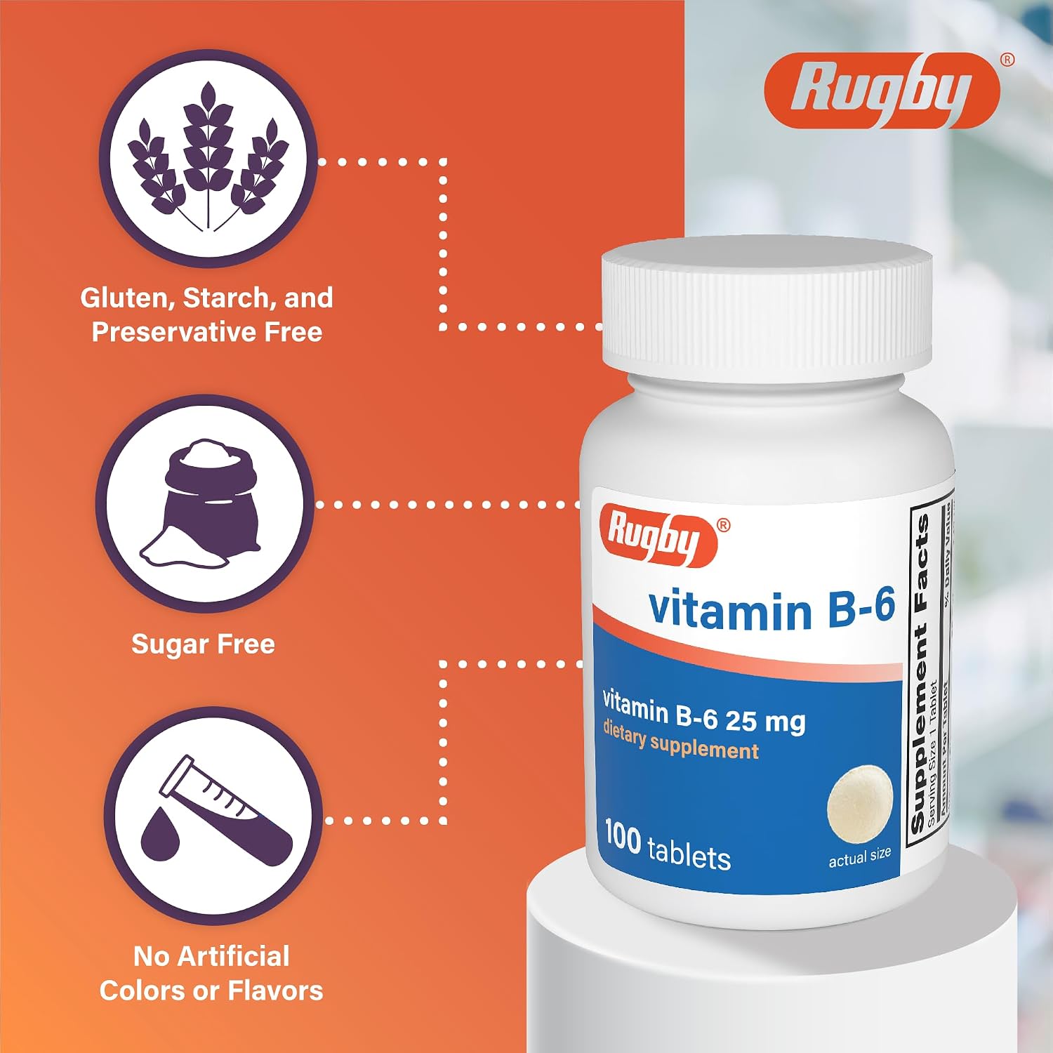 Rugby Vitamin B-6 Tablets - 25mg Vitamin B6 - Dietary Supplement - 100 Tablets - görsel 4