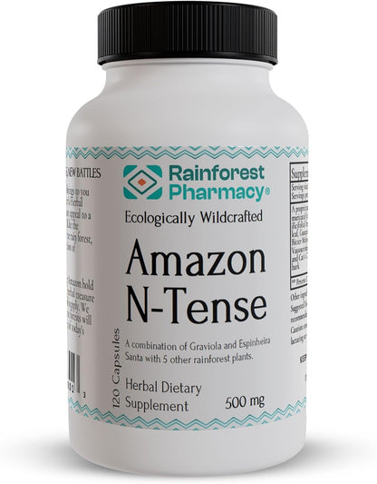 N-Tense Soursop Graviola Capsules - 500mg, Wildcrafted Graviola Plus 7 Amazon Rainforest Herbs, 120 Vegan Capsules