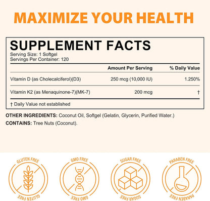 Vitamin D3 K2 Supplement Soft-gels, 10000 IU Vit D3 + 200 mcg K2 (MK-7) | 2-in-1 Formula with Coconut Oil, Supports Calcium Absorption, Easy to Swallow 120 Capsules