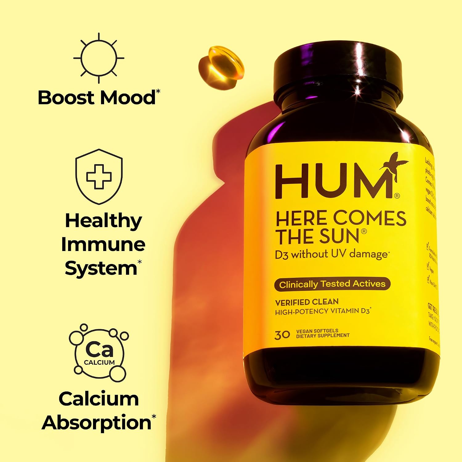 HUM Here Comes The Sun - Vegan Vitamin D3 Immune Support Supplement (2000 IU, 30 Softgels) - görsel 2