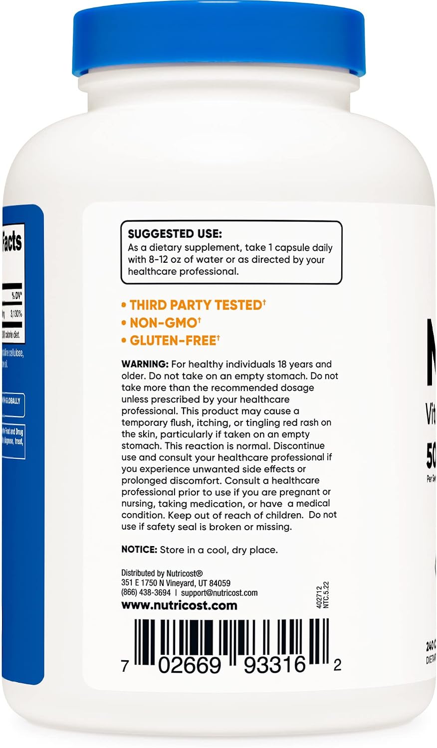 Nutricost Niacin (Vitamin B3) 500mg, 240 Capsules (3 Bottles) – Niacin Flush - görsel 5