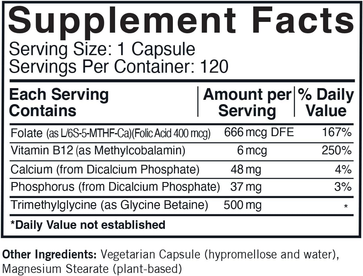 TMG (Trimethylglycine) 500 mg with Folinic Acid & B12, Hypoallergenic - 120 Capsules - görsel 2