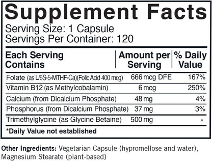 TMG (Trimethylglycine) 500 mg with Folinic Acid & B12, Hypoallergenic - 120 Capsules