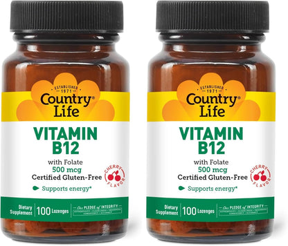 Country Life Vitamin B12 with Folate - 500mcg, 100 Lozenges - Supports Energy Metabolism & Red Blood Cell Formation - Vegan, Gluten Free, Non-GMO