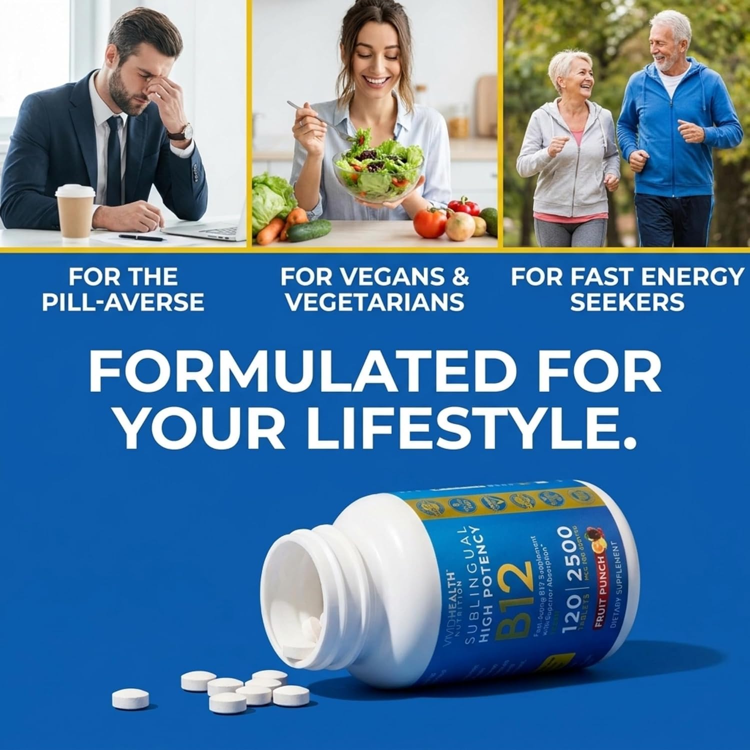 Energy Boosting Vitamin B12 Sublingual | Quick Dissolve Vegan B-12 with Methylcobalamin, 120 Fruit Punch Tablets - görsel 8