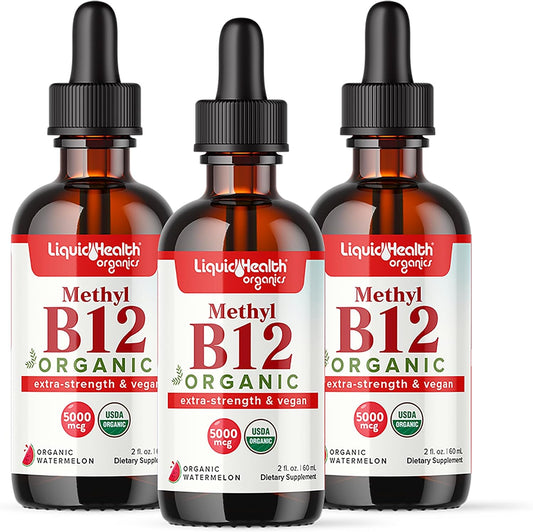 LIQUIDHEALTH USDA Organic Vitamin B12 Drops - Methylcobalamin 5000 mcg - Vegan, Non-GM, USA Made (3 Pack) – Image 1