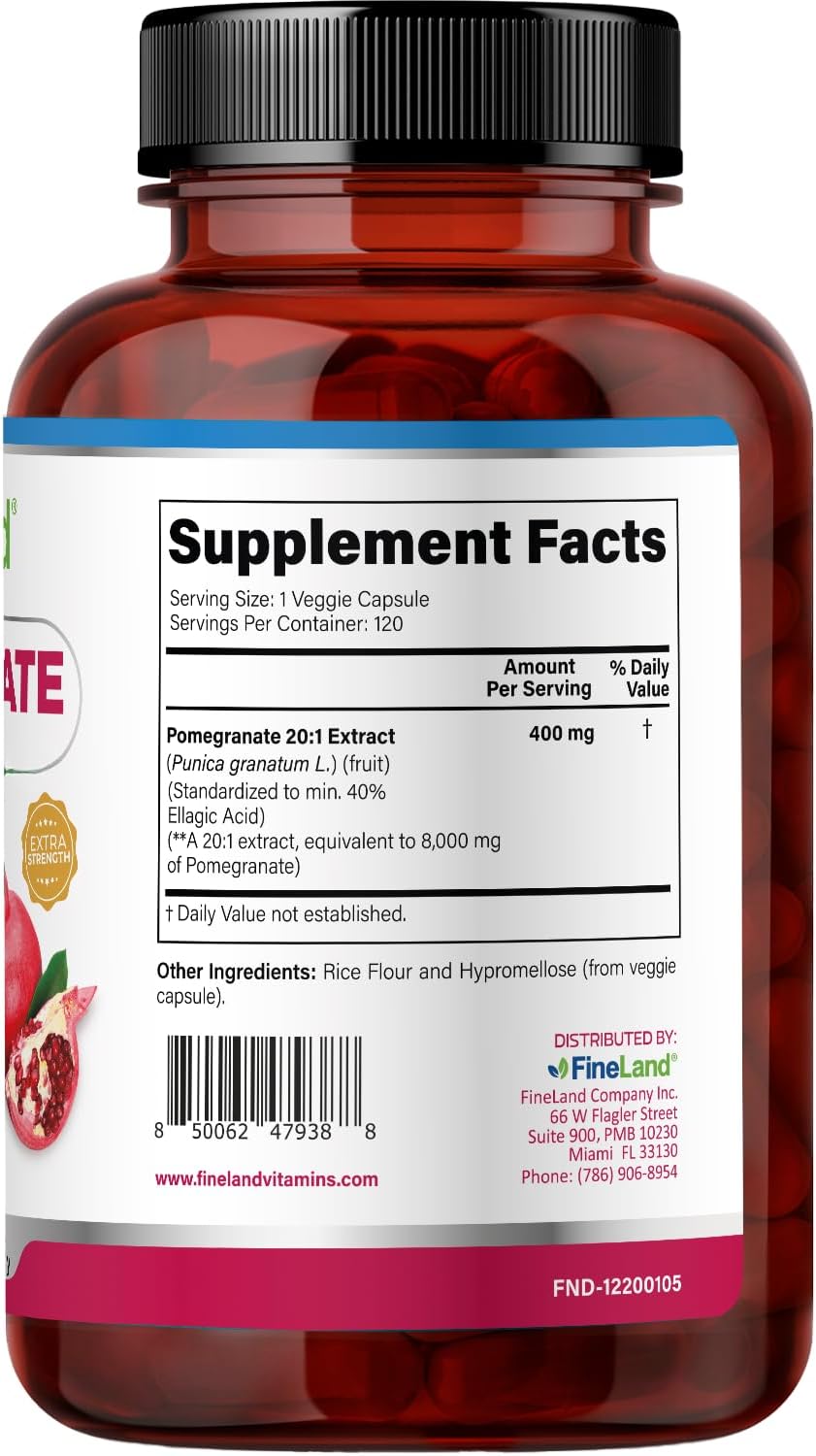 FineLand Pomegranate Extract 20:1 - 40% Ellagic Acid - Antioxidant Support - 120 Vegan Capsules – Image 2