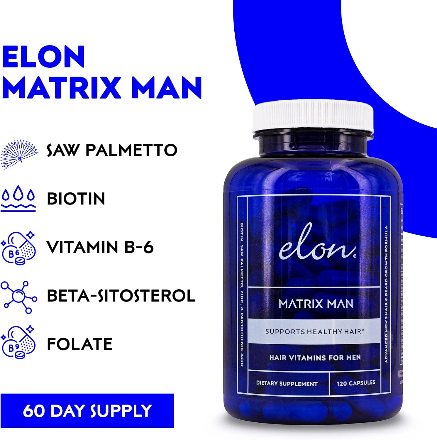 Elon Matrix Man - Hair Growth Vitamins for Men – Saw Palmetto & Biotin Advanced Formula – 60 Day Supply – Supports Healthy Beard Growth – 120 Capsules - görsel 4