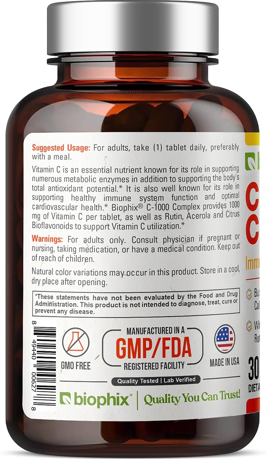 biophix Vitamin C-1000 mg 30 Tablets Complex – Vegan with Calcium, Citrus Bioflavonoids, Acerola, Rutin – Supports Immune Health - görsel 9