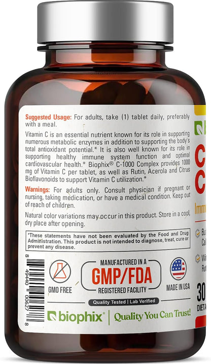 biophix Vitamin C-1000 mg 30 Tablets Complex – Vegan with Calcium, Citrus Bioflavonoids, Acerola, Rutin – Supports Immune Health