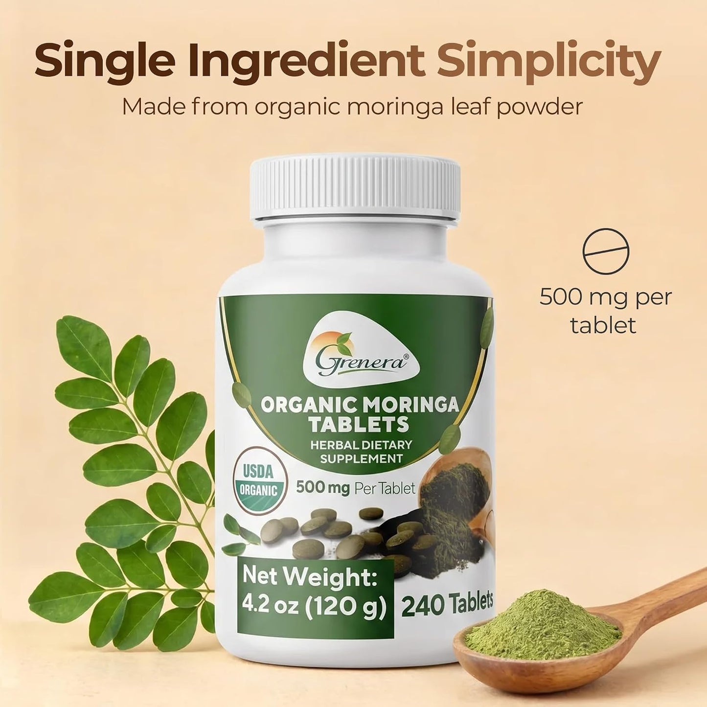 Grenera Organic Moringa Tablets - USDA Organic, 500mg, 240 Tablets - görsel 2