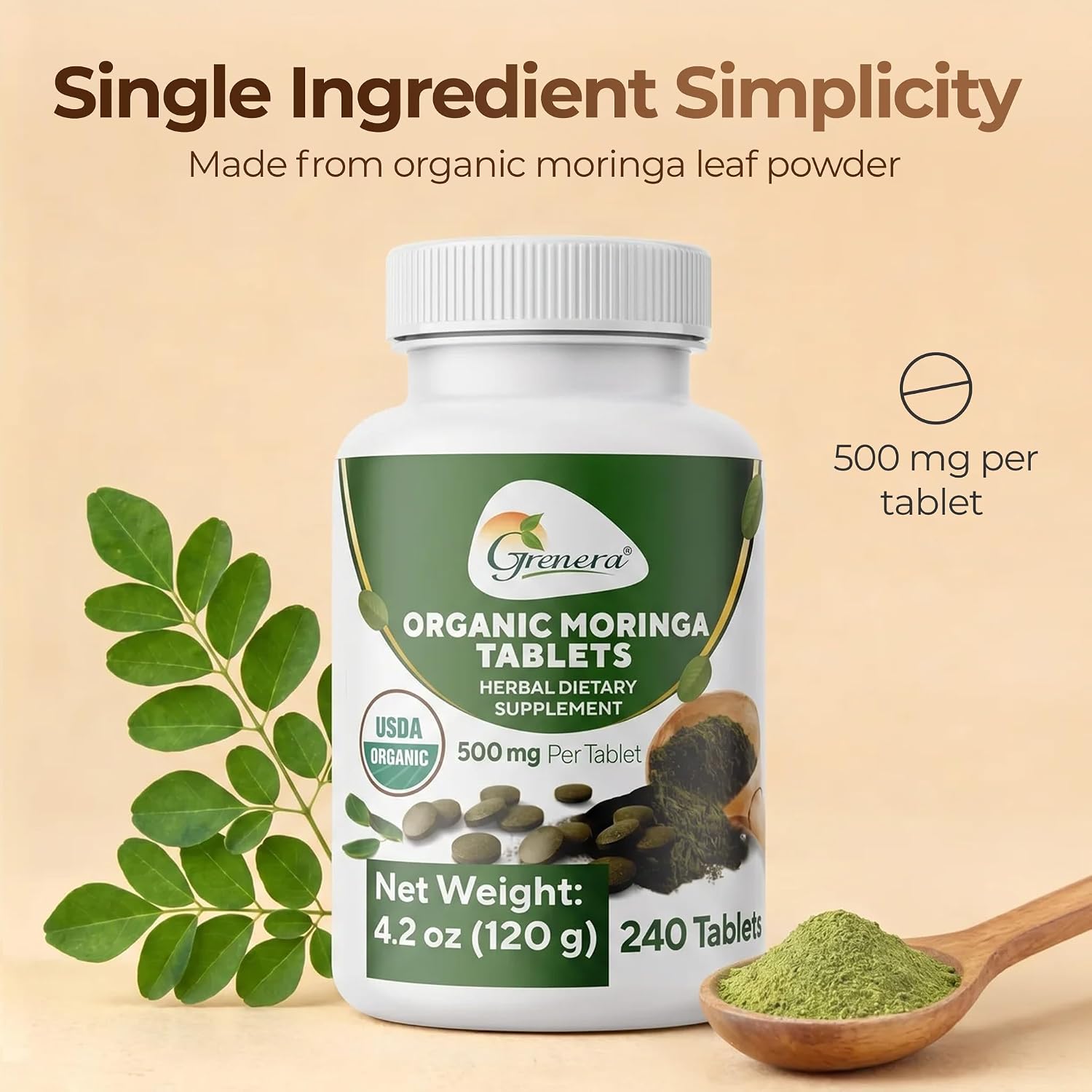 Grenera Organic Moringa Tablets - USDA Organic, 500mg, 240 Tablets - görsel 2