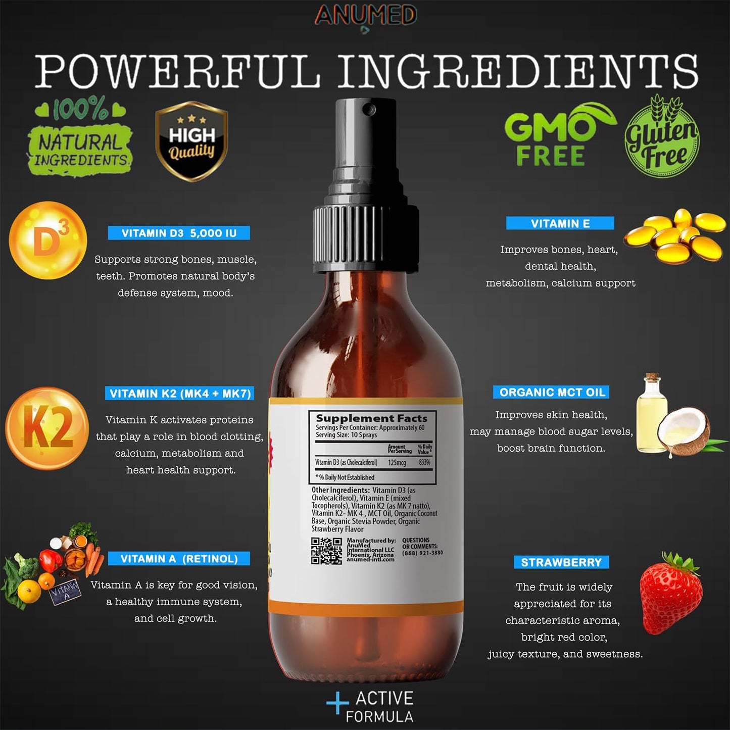 Vitamin D3 and K2 5,000 IU Liquid Spray with Vitamin A and Organic MCT Oil (Strawberry, 60 mL) - görsel 1