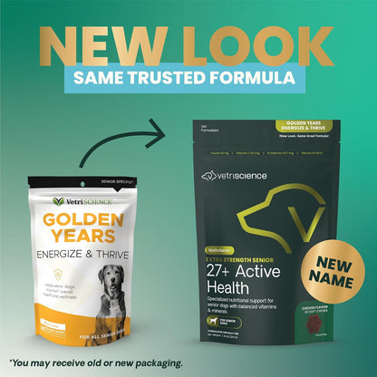 VetriScience Extra Strength Senior 27+ Active Health Chews, Golden Years Daily Multivitamin for Senior Dogs, Balanced Vitamins, Minerals, and Omega-3s, Ageing and Wellbeing Support, Chicken, 60 Count