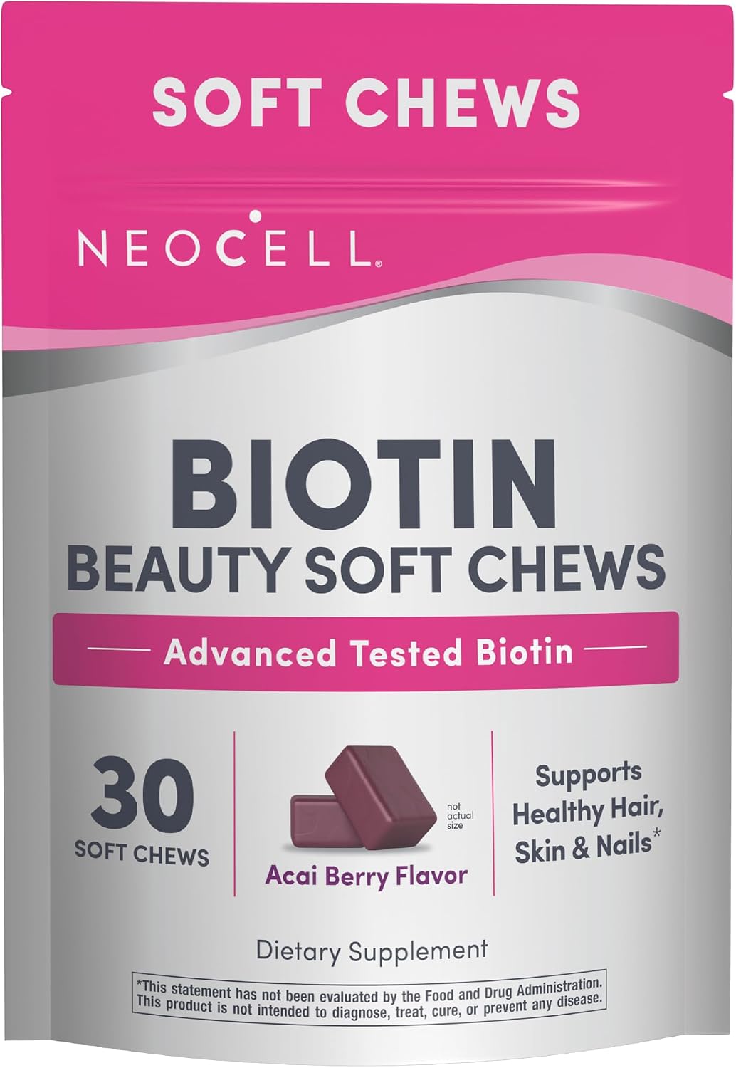 NeoCell Biotin Beauty Soft Chews | 30 Chewables | 10000mcg | Hair, Skin & Nails | Acai Berry Flavour - görsel 1