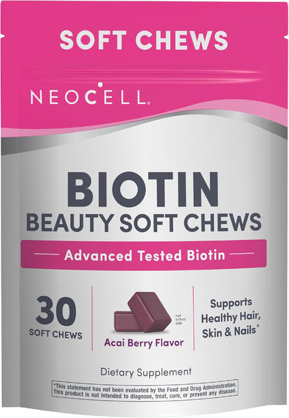 NeoCell Biotin Beauty Soft Chews | 30 Chewables | 10000mcg | Hair, Skin & Nails | Acai Berry Flavour