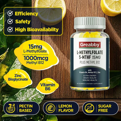 L-Methylfolate Gummies, 5-MTHF 15 mg with – Vitamin B6: Contributes to normal homocysteine metabolism and brain – Image 3
