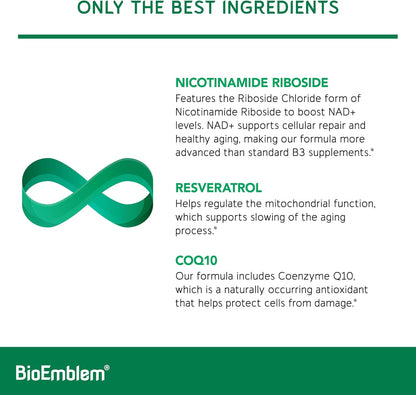 BioEmblem NAD+ Supplement | 300 mg Nicotinamide Riboside with CoQ10 & Resveratrol | Supports Healthy Ageing, Cellular Energy and Cognitive Function | Non-GM, Gluten Free - 45 Capsules
