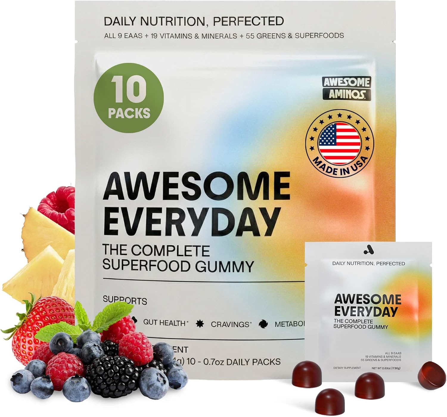 Awesome Everyday Essential Daily Nutrition Gummies - 9 Essential Amino Acids + Vitamins, Minerals & Organic Greens and Superfoods - Fermented Nutrition for Energy, Brain & Immunity – Kids – 28 Count - görsel 9