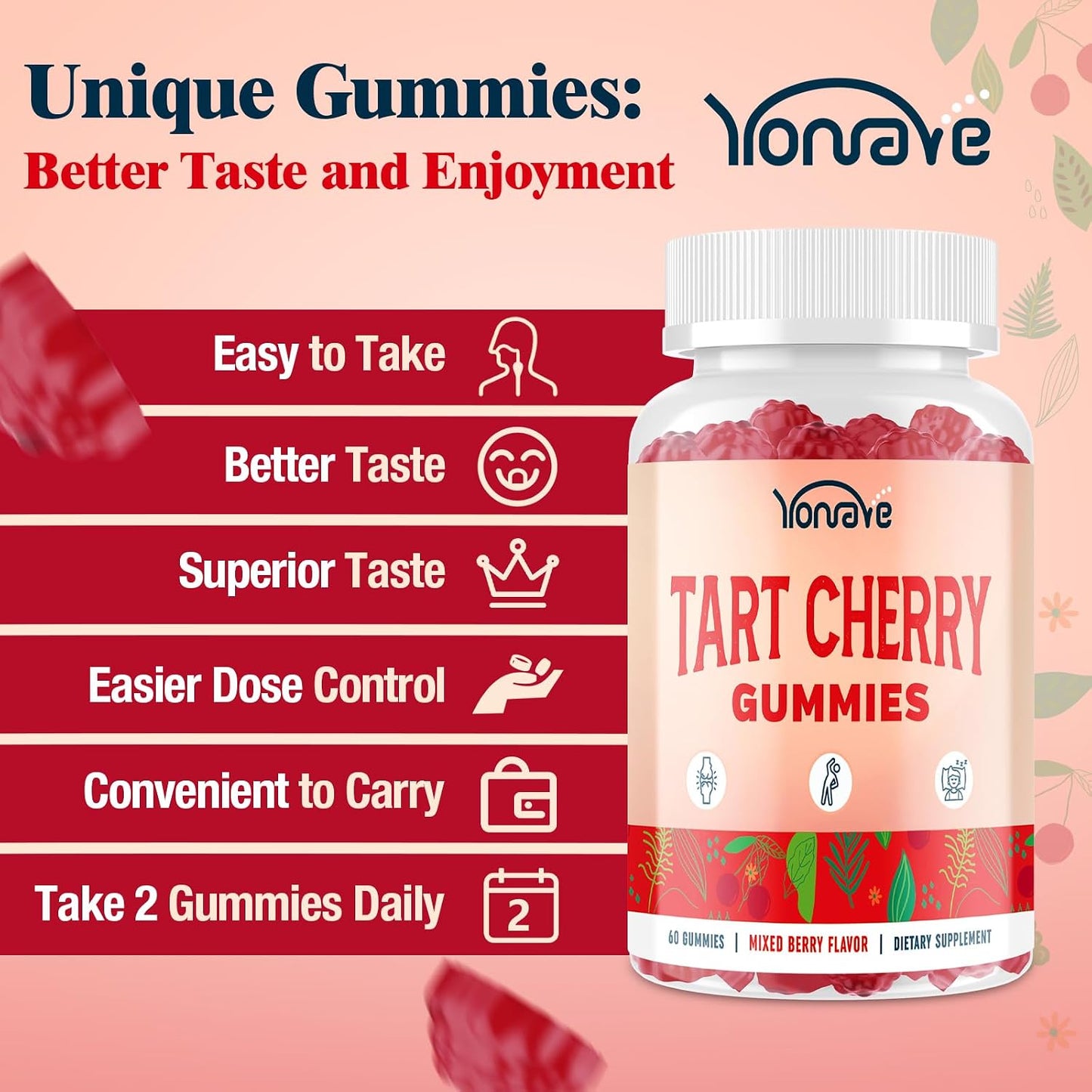 Yonrave Tart Cherry Gummies – Uric Acid Cleanse & Joint Support with Celery Seed – Vegan, Antioxidant Tart Cherry Supplement – Mixed Berry Flavour, 60 Count - görsel 5