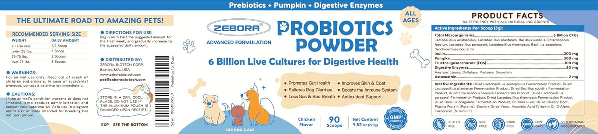 ZEBORA Probiotics for Dogs - Probiotic Powder with Pumpkin, Prebiotics & Enzymes, 6 Billion CFUs, Chicken Flavour (90 Scoops) – Image 9