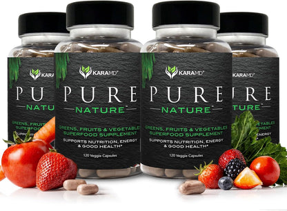 KaraMD Pure Nature | Greens, Fruit and Veggies Supplement | Wholefood Multivitamin & Antioxidants | 20 Fruits and Vegetables Supplements for Energy & Digestion | Gluten free & Vegan Friendly (4-pack)