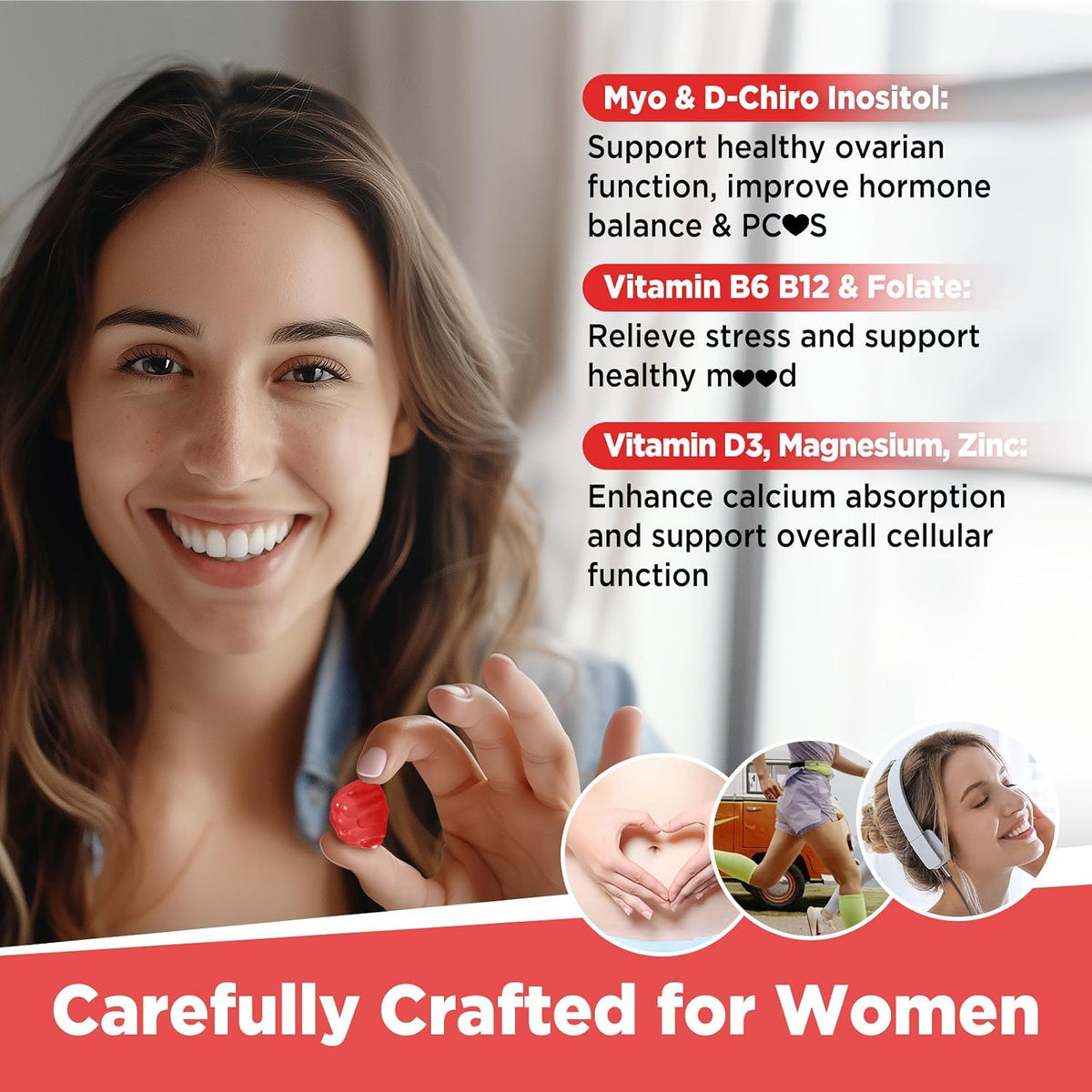 Yutiny Myo-Inositol & D-Chiro Inositol Gummies, Vitamin B6 B12 & Folate for Women's, Vegan, Sugar-free, Strawberry Flavour, – Image 4