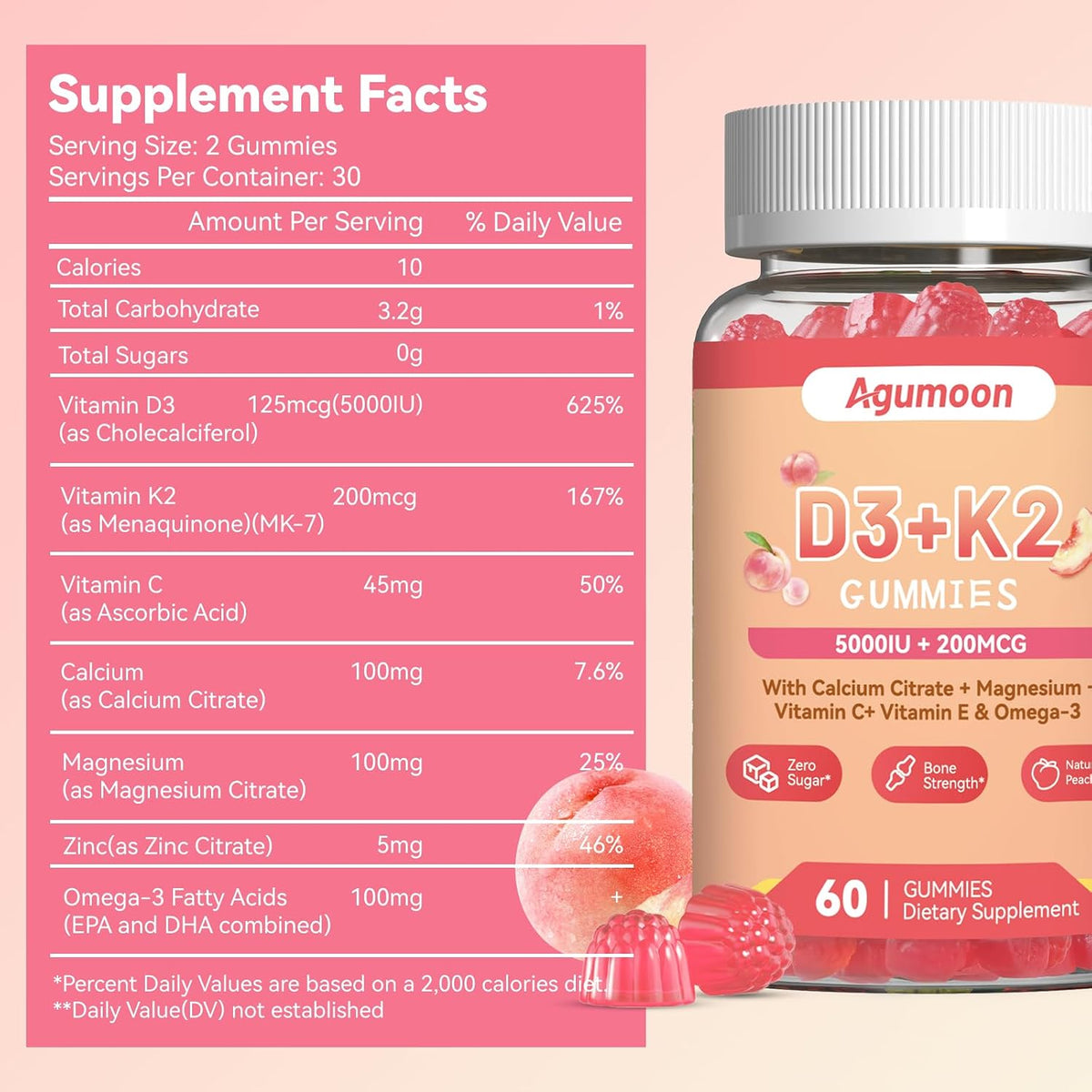 Vitamin D3 K2 Gummies for Adults - Vitamin D3 5000IU + K2 (MK-7) 200mcg, with Calcium Citrate, Magnesium Citrate, Omega-3 – Image 2