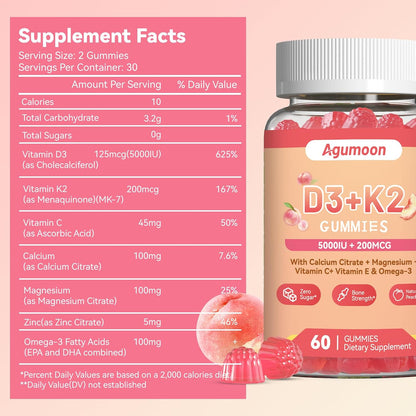 Vitamin D3 K2 Gummies for Adults - Vitamin D3 5000IU + K2 (MK-7) 200mcg, with Calcium Citrate, Magnesium Citrate, Omega-3 – Image 2