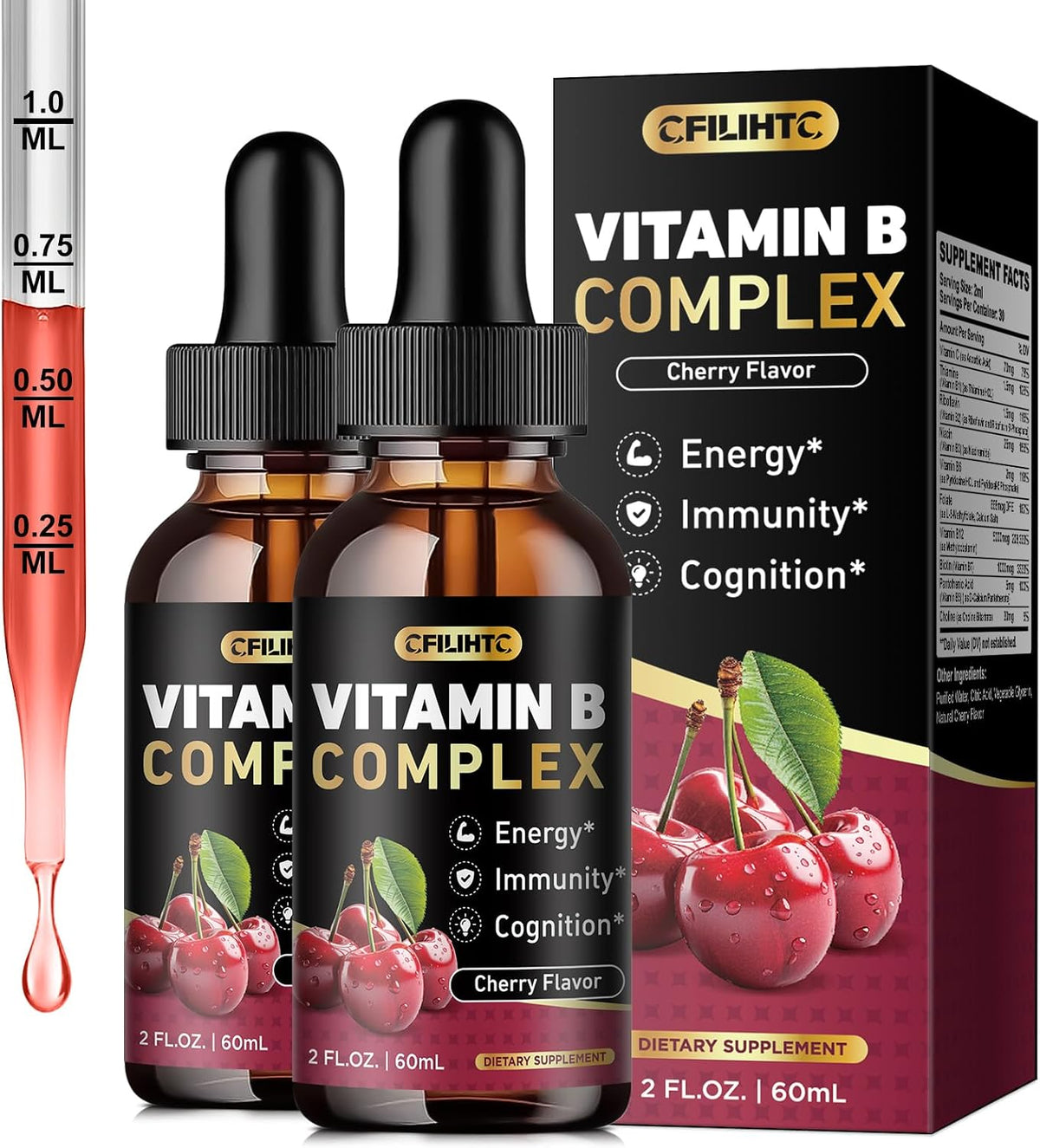 Vitamin B Complex Liquid Drops (2 Pack) - B1, B2, B3, B5, B6, B7, B9 & Methyl B12 - Cherry Flavour – Image 1