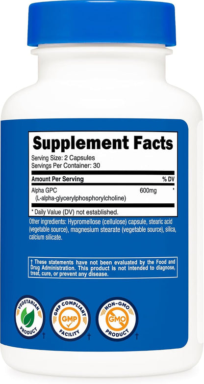 Nutricost Alpha GPC 600mg (300mg per Capsule) - 120 Vegetarian Capsules
