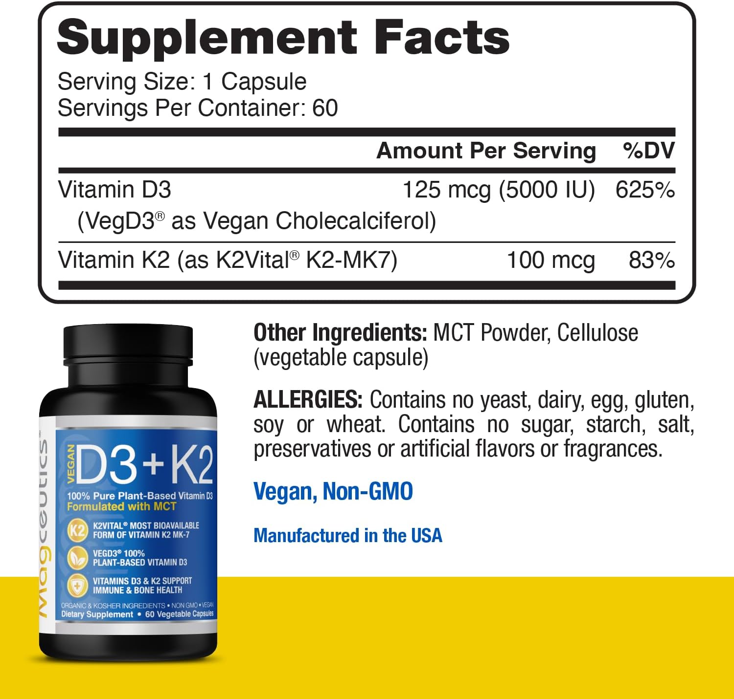 Magceutics Vitamin D3 K2 with MCT, 5000 IU Vegan D3 & 100 mcg MK7 K2 - 60 Capsules - görsel 3