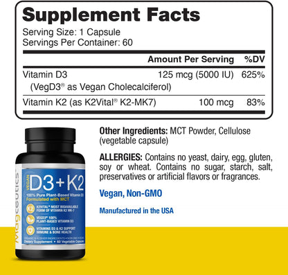 Magceutics Vitamin D3 K2 with MCT, 5000 IU Vegan D3 & 100 mcg MK7 K2 - 60 Capsules