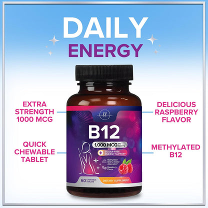Vitamin B12 1000 mcg Chewable Tablets - – High Potency: 1000 mcg of vitamin B12 (as methylcobalamin) per serving – Image 6