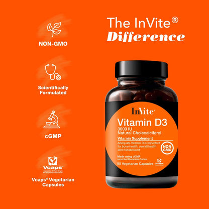 Invite Health Vitamin D3 3000 IU – 90 Vegetarian Capsules
