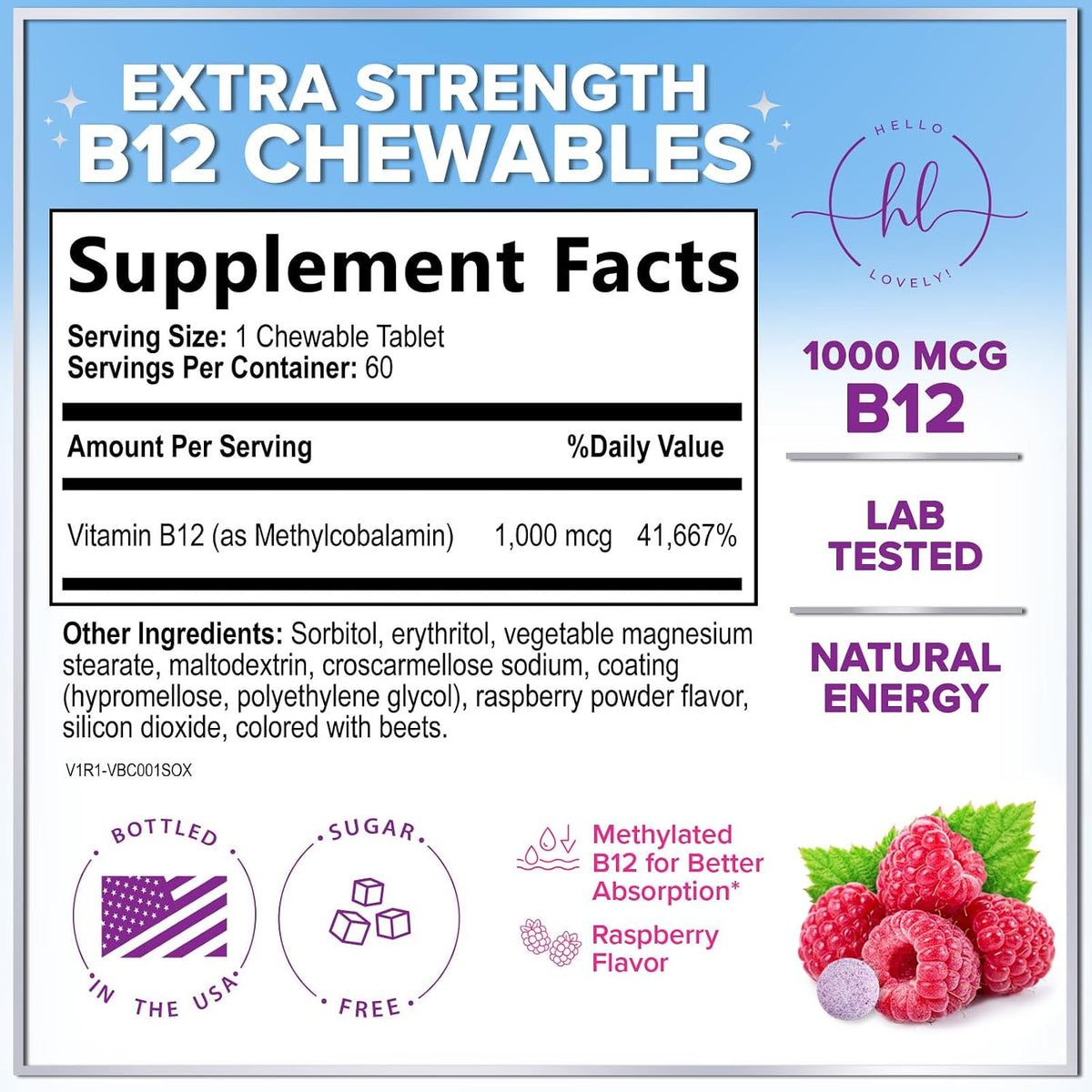 Vitamin B12 1000 mcg Chewable Tablets - – Promotes Heart and Nerve Health: B12 plays a role in maintaining healthy – Image 2