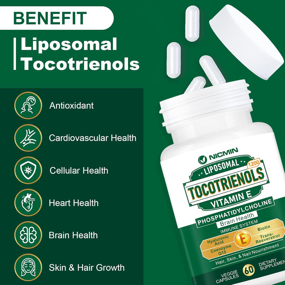 NICMIN Vitamin E Tocotrienols 1200mg – – Hyaluronic Acid 250 mg : Contributes to skin hydration and joint comfort – Image 4