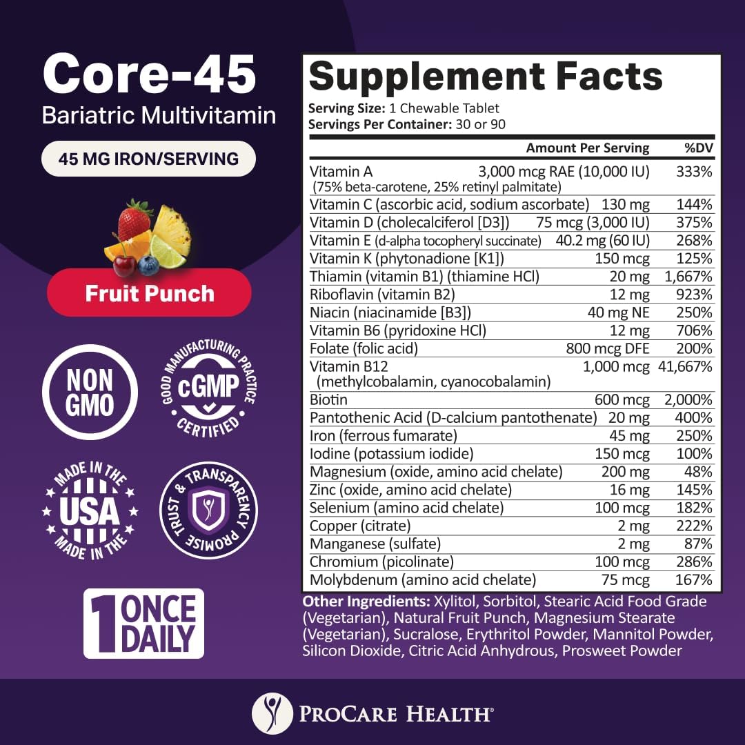 ProCare Health Bariatric Multivitamin with Iron 45mg Chewable - Fruit Punch Flavour (90 Tablets, 3-Month Supply) - görsel 2