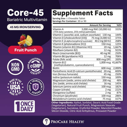 ProCare Health Bariatric Multivitamin with Iron 45mg Chewable - Fruit Punch Flavour (90 Tablets, 3-Month Supply)