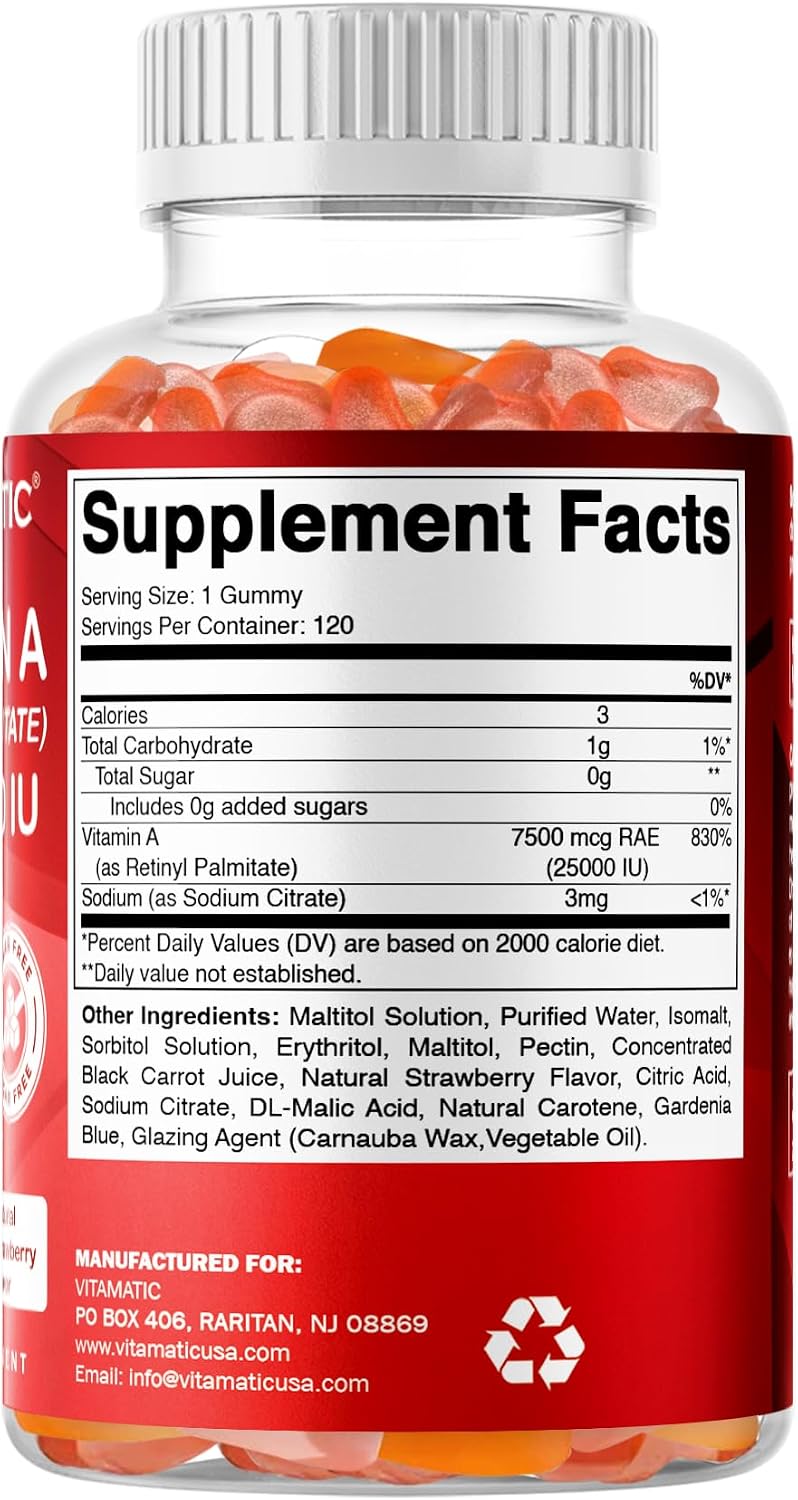Vitamatic Vitamin A 25,000 IU Gummies – Sugar Free Retinyl Palmitate – 1 Daily Gummy, 120 Servings – Natural Strawberry Flavour – Pectin Based – 120 Count - görsel 8