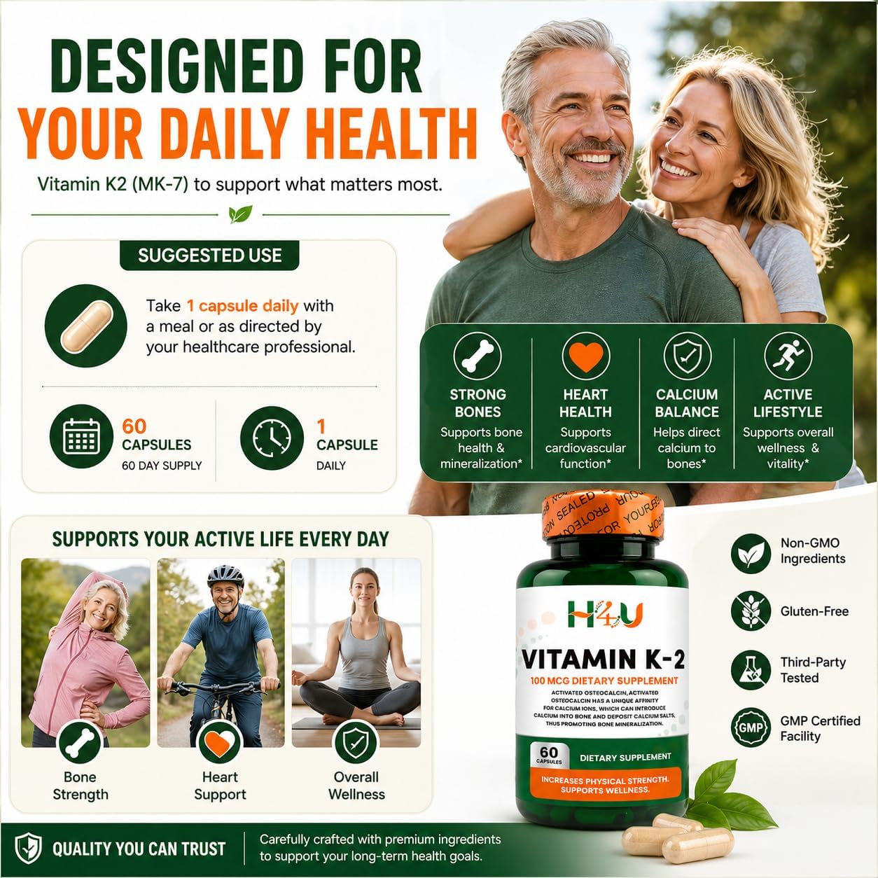 H4U Vitamin K2 MK-7 100 mcg – 60 Veg Capsules – Bone & Heart Health Support - görsel 6