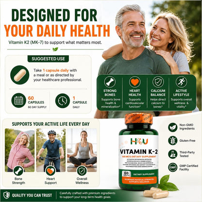 H4U Vitamin K2 MK-7 100 mcg – 60 Veg Capsules – Bone & Heart Health Support