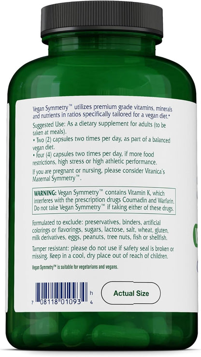 Vitanica Vegan Symmetry – Non-GM Vegan Multivitamin for Women, Iron Free, 120 Capsules
