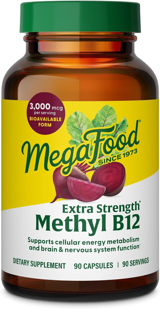 MegaFood Extra Strength Methyl B12 Vitamins, – Extra Strength Dosage: 3,000 mcg methylcobalamin per capsule for – Image 1