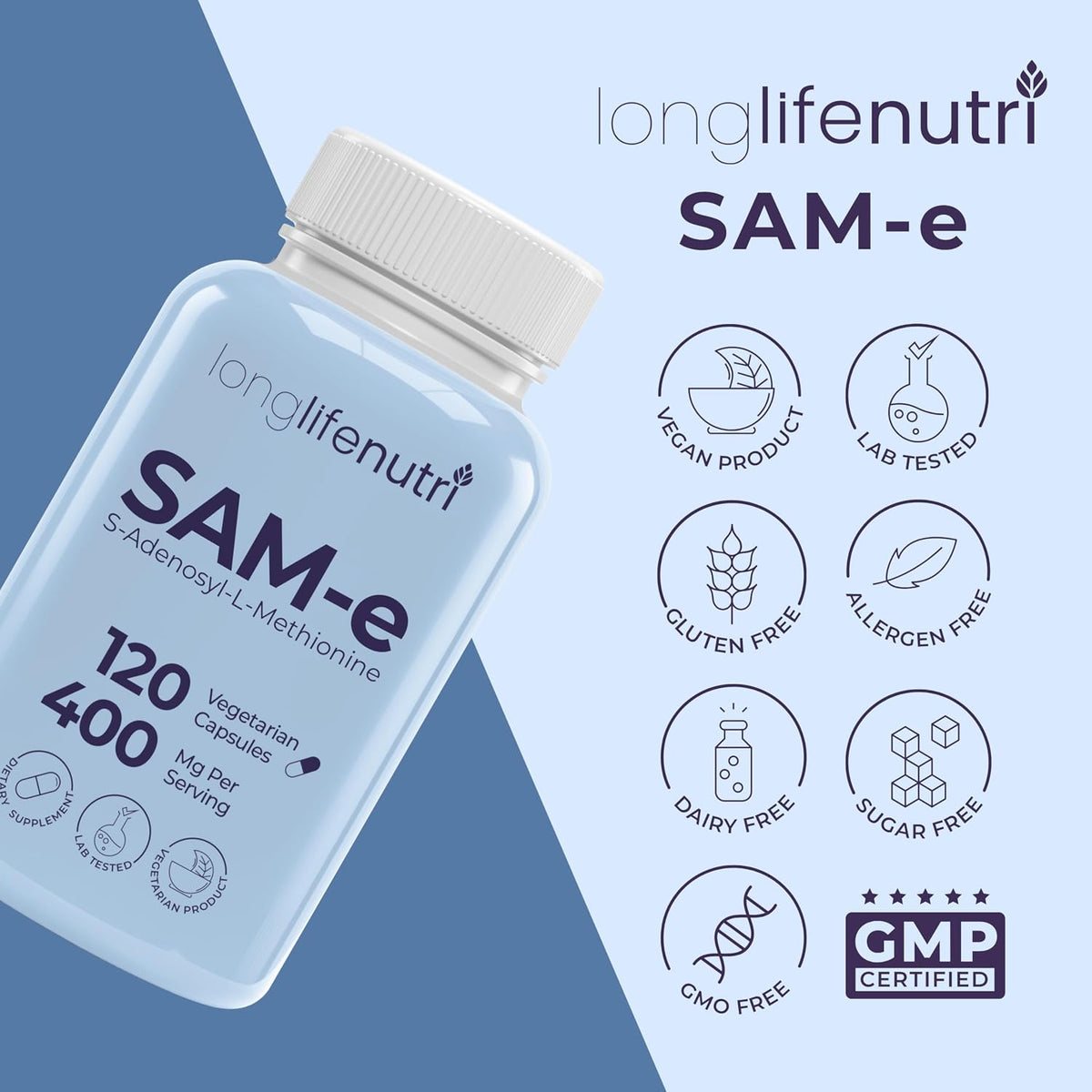 LongLifeNutri SAM-e 400mg – 120 Vegetarian Capsules – Image 7