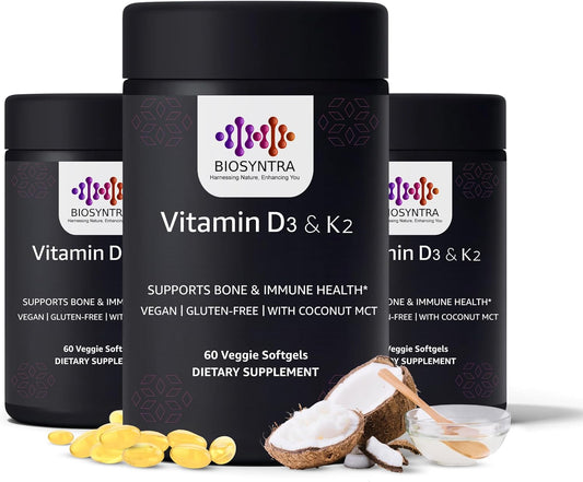 Biosyntra Vitamin D3+K2 with Coconut Oil - – Bone & Joint Support: By helping regulate calcium delivery, D3 and K2 – Image 1