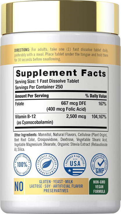Carlyle Vitamin B12 Sublingual 2500 mcg - 250 Fast Dissolve Tablets - Cyanocobalamin with Folic Acid, Natural Berry Flavour